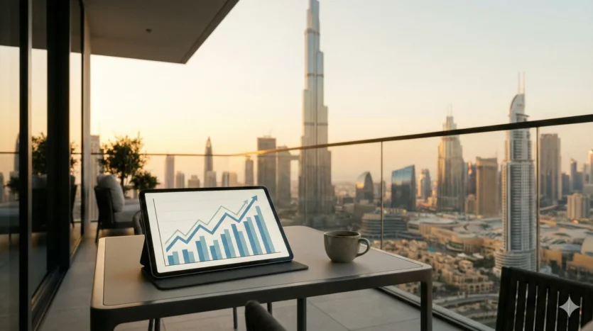 View of Dubai skyline from a luxury apartment balcony highlighting real estate investment potential.