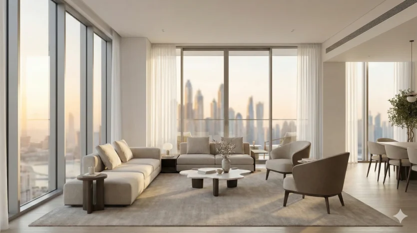 Modern luxury apartment interior in Dubai designed to maximize rental income through staging.