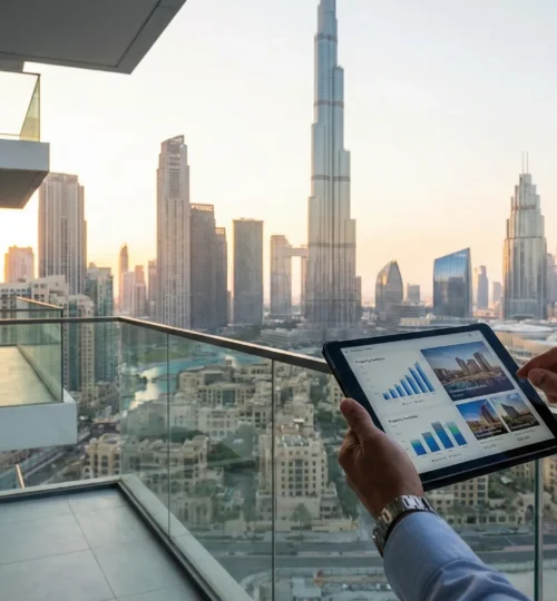 Investor analyzing hidden costs of owning a rental property in Dubai with the skyline in the background.