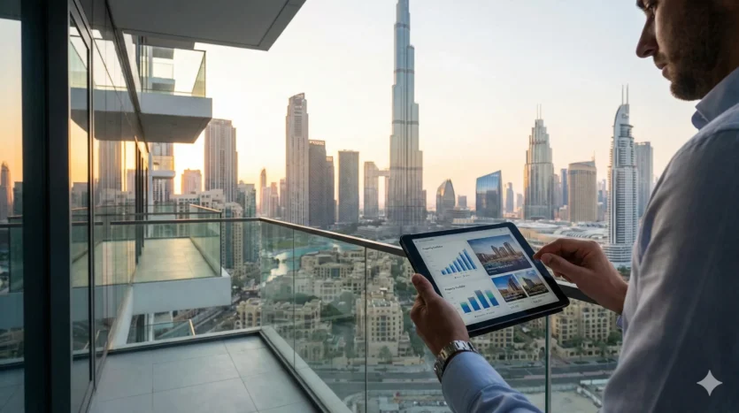 Investor analyzing hidden costs of owning a rental property in Dubai with the skyline in the background.