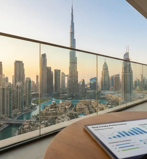 Dubai skyline view from a luxury balcony representing high-value real estate investments.