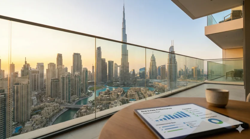 Dubai skyline view from a luxury balcony representing high-value real estate investments.