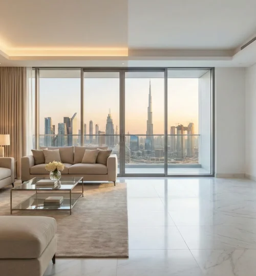 A split-view comparison of a stylishly furnished living room versus a spacious unfurnished apartment in Dubai with skyline views.