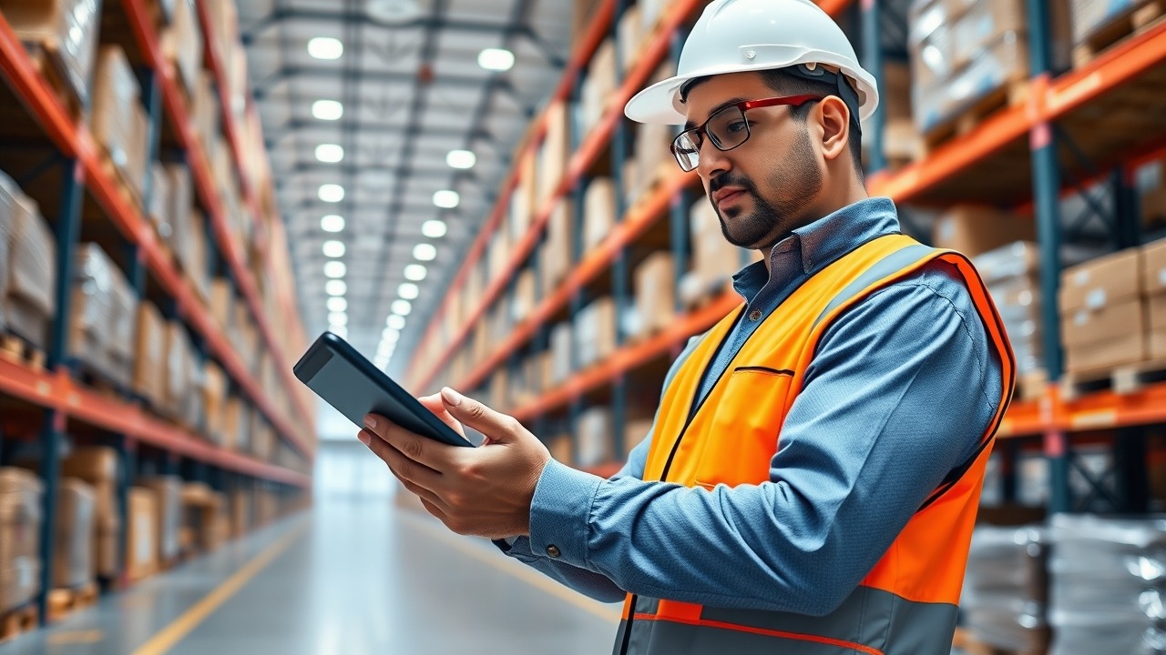 Logistics manager checking inventory in a Dubai warehouse