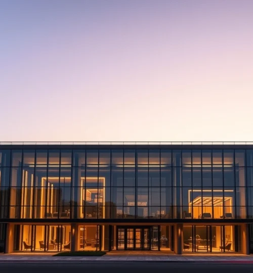 Modern commercial building in Dubai with financial documents and a calculator, representing commercial lease VAT Dubai and associated costs.