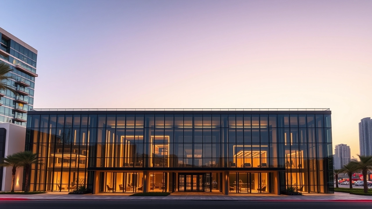 Modern commercial building in Dubai with financial documents and a calculator, representing commercial lease VAT Dubai and associated costs.