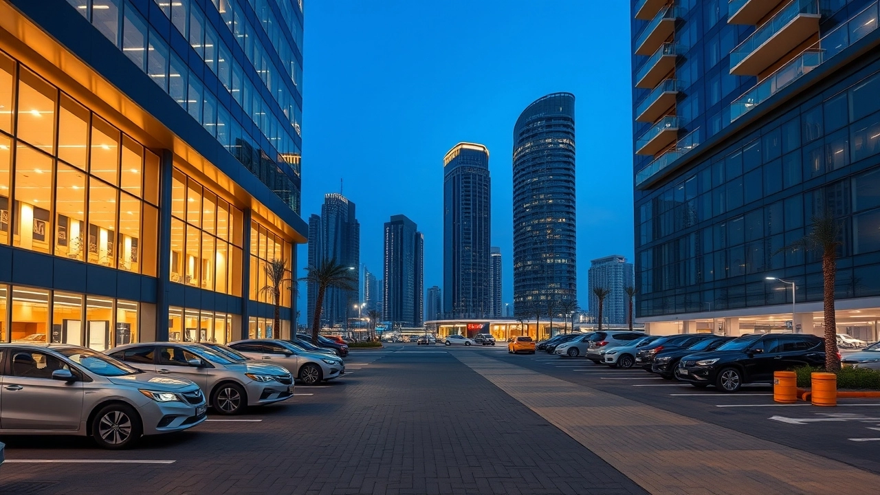 Modern Dubai commercial building highlighting floor plates and parking accessibility.