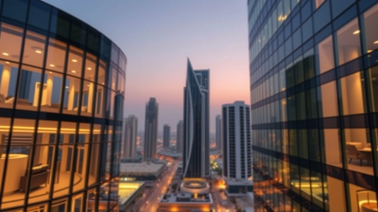 A professional commercial office building in Dubai representing DED vs Free Zone licensing choices.