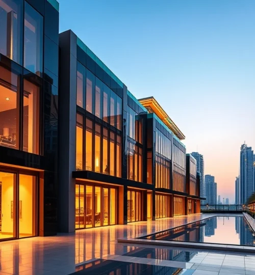 Professional commercial building in Dubai showing fire safety and HSE compliance features.