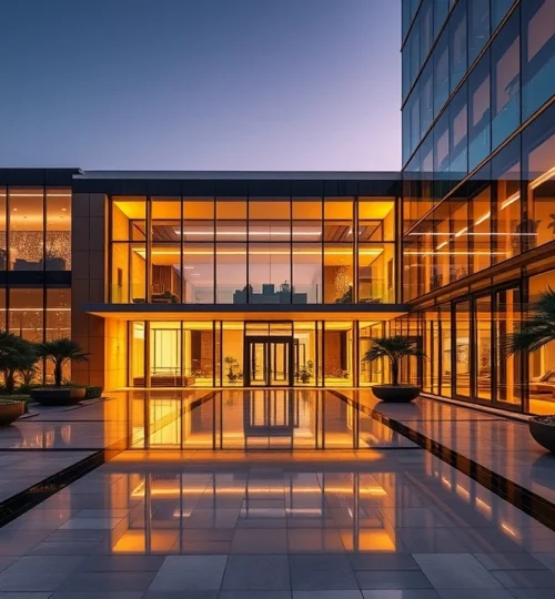 A professional high-end office building in Dubai representing commercial lease VAT in Dubai costs.