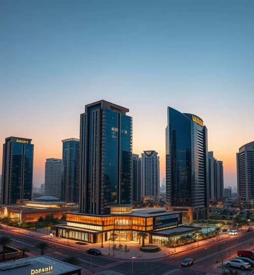 Modern glass office towers in Business Bay showcasing Dubai commercial property market trends 2025.