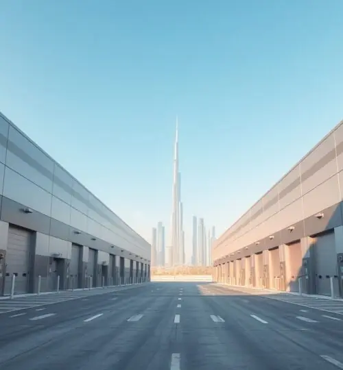 Modernes Lagerhaus in Al Quoz, Dubai, mit Blick auf die Skyline