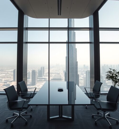 Modern luxury office interior in Dubai with Burj Khalifa view