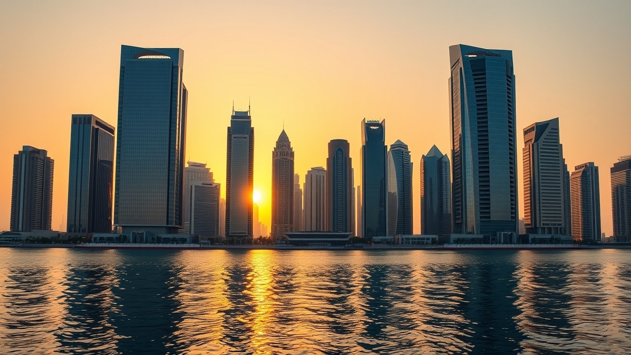 Business Bay Dubai skyline during sunset