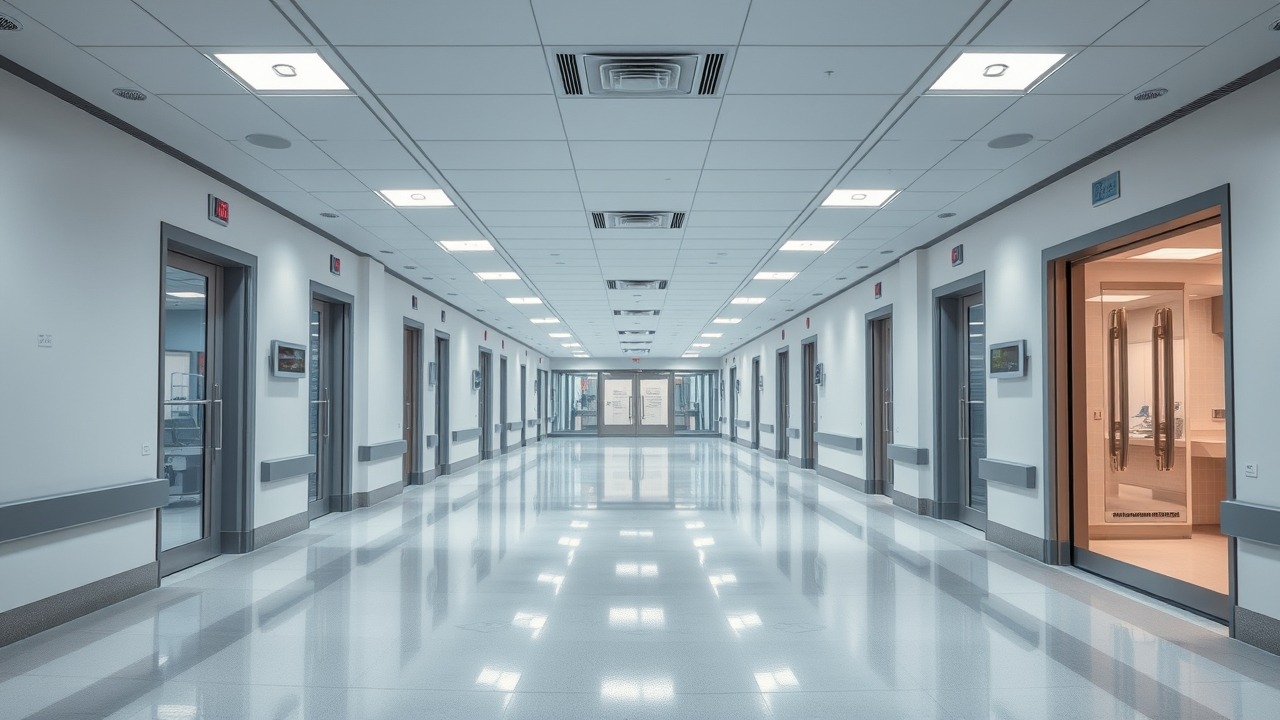Sterile hospital corridor with medical-grade finishes