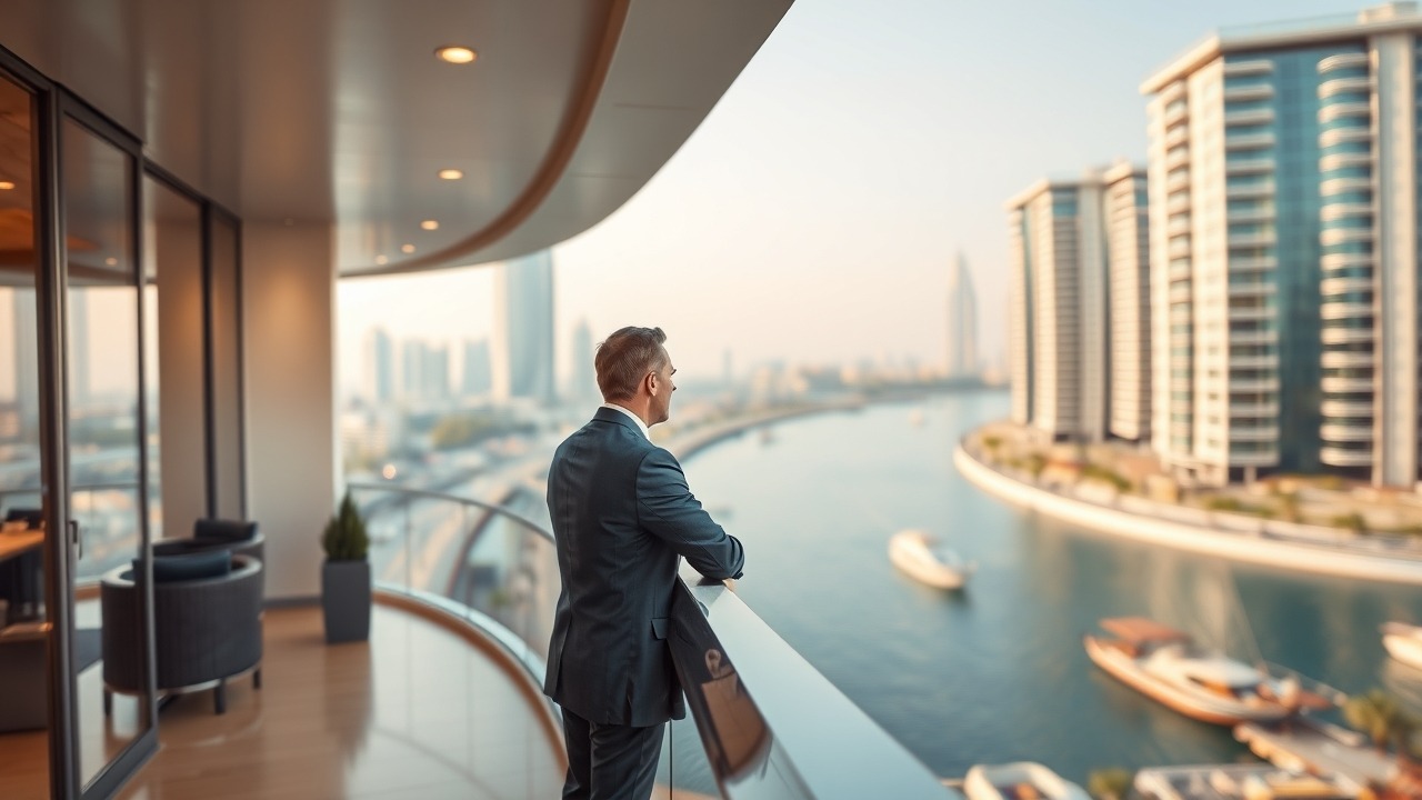 Investor looking over the Dubai Canal, symbolizing strategic financial planning.