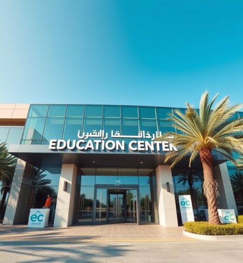 Modern education center exterior in Dubai with glass facade.