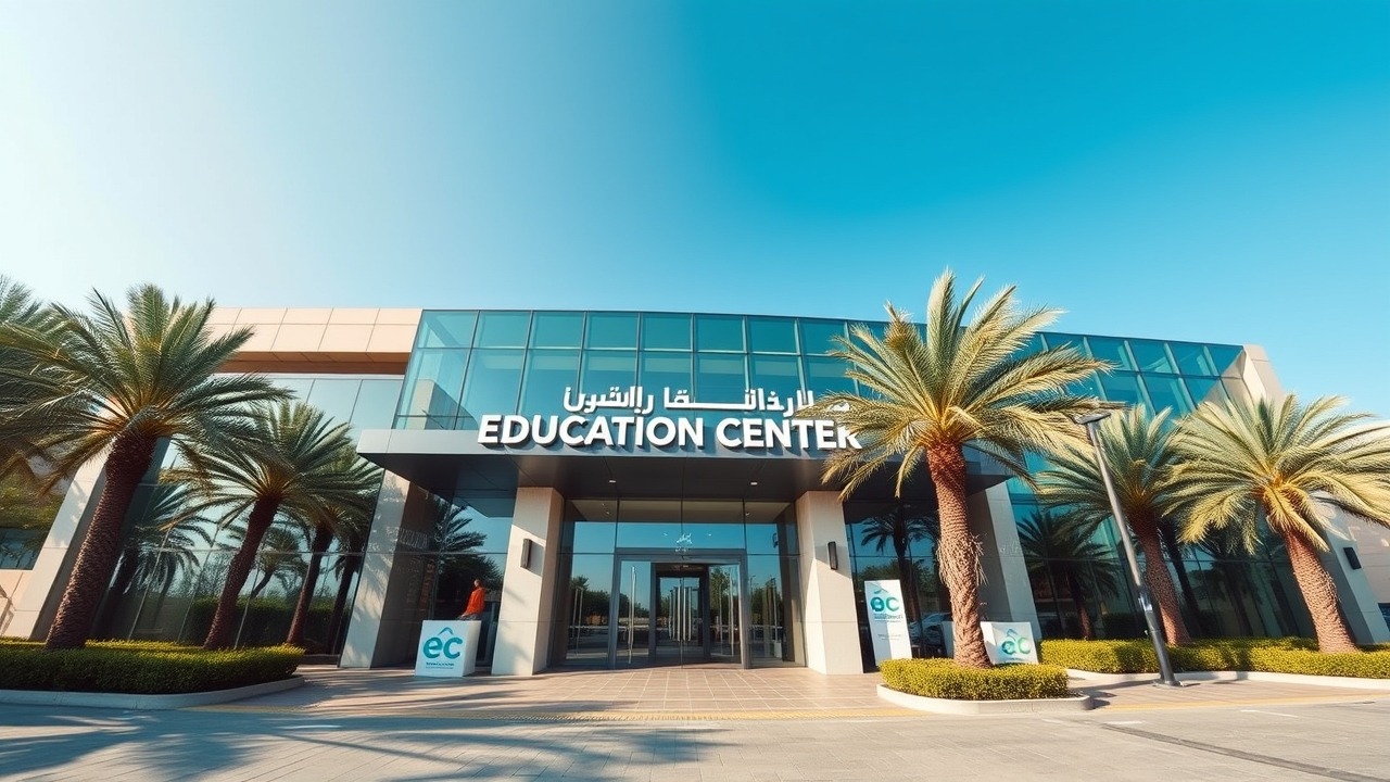 Modern education center exterior in Dubai with glass facade.