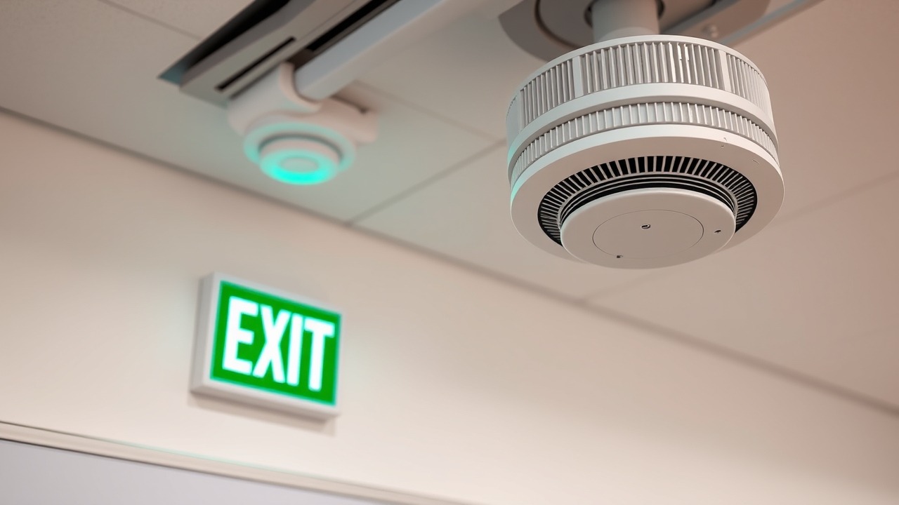 Fire safety equipment and emergency exit sign in a Dubai classroom.