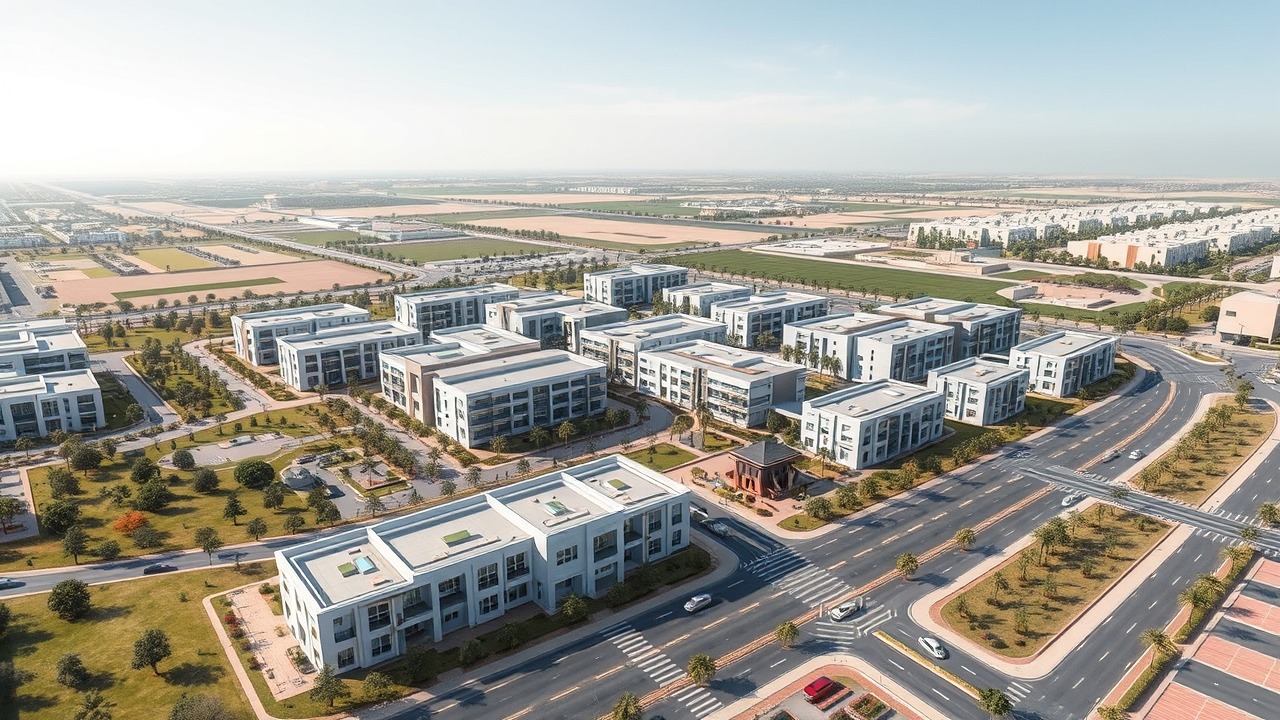 Aerial view of a new educational development in a Dubai off-plan district.