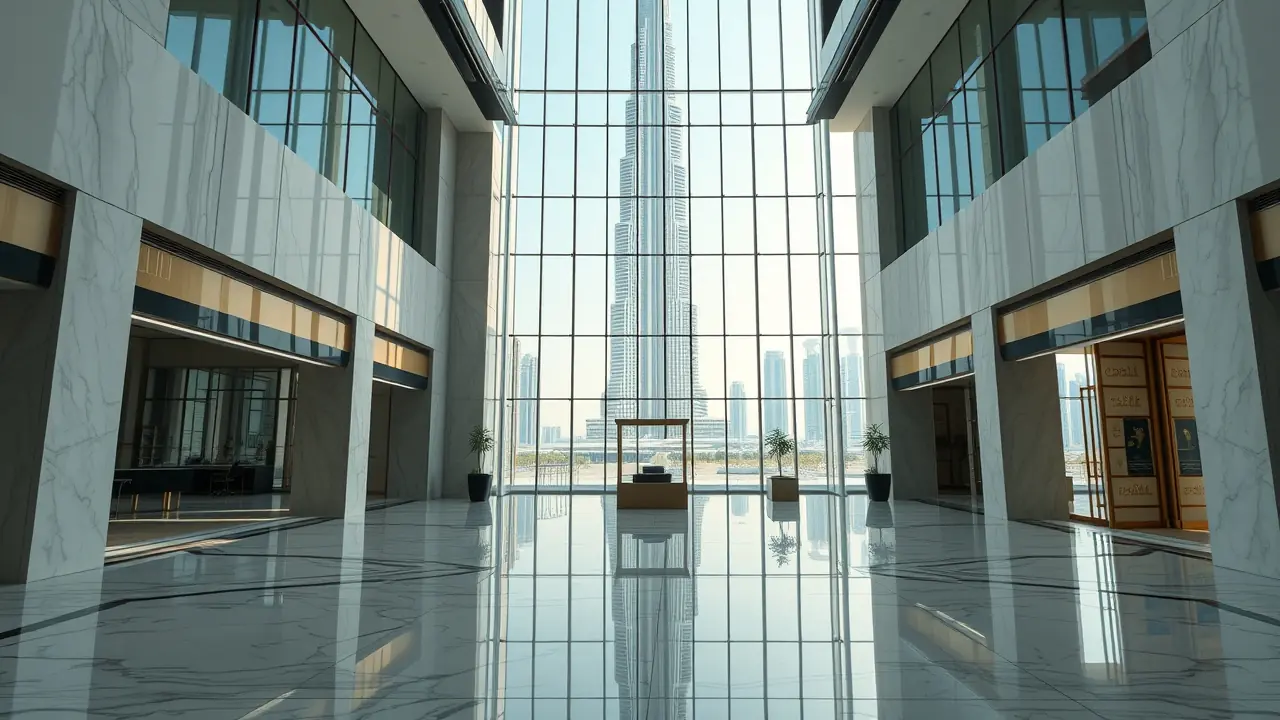 Hall d'entrée de bureaux de luxe à Dubaï avec vue sur le Burj Khalifa