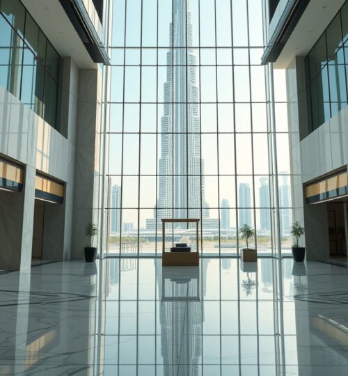 Luxury commercial office lobby in Dubai with Burj Khalifa view