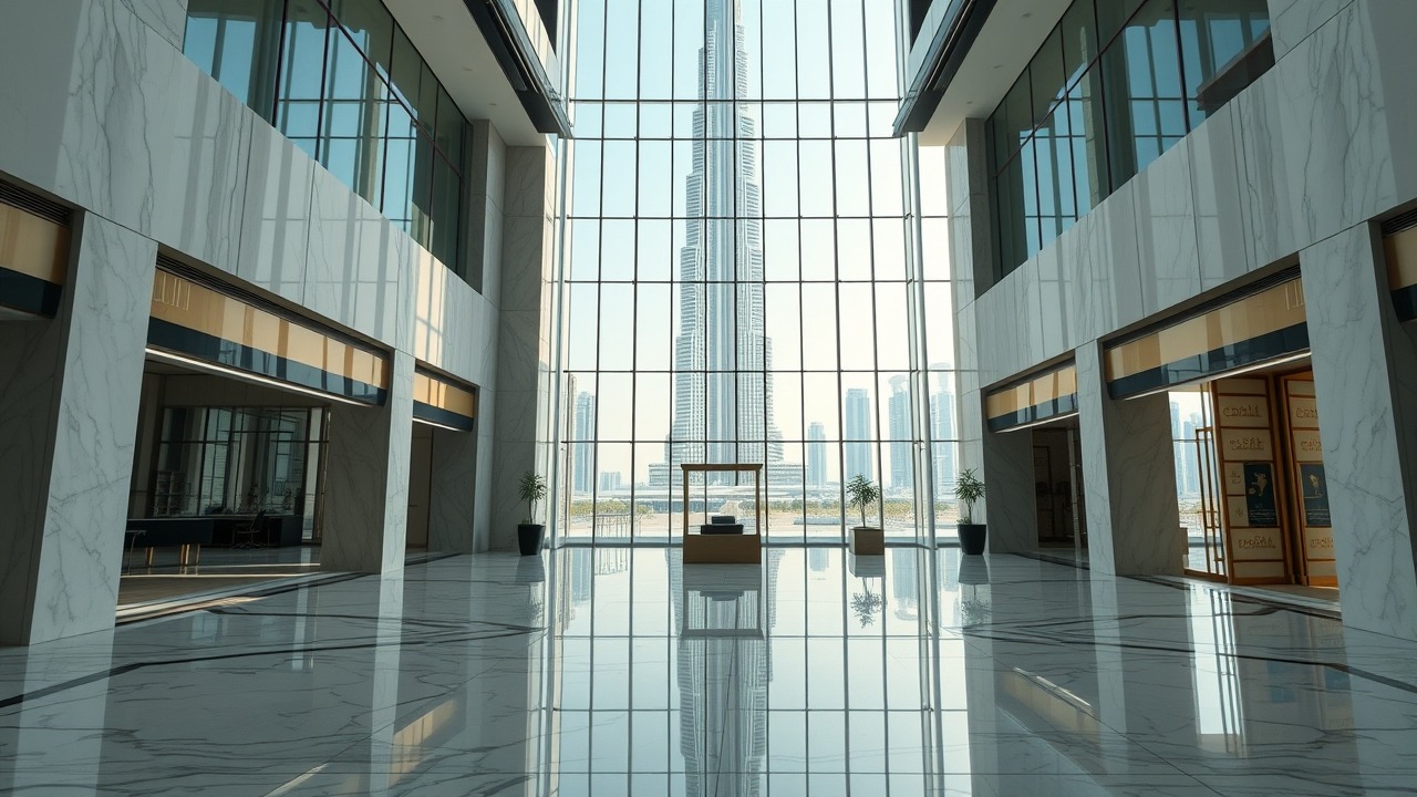 Luxury commercial office lobby in Dubai with Burj Khalifa view