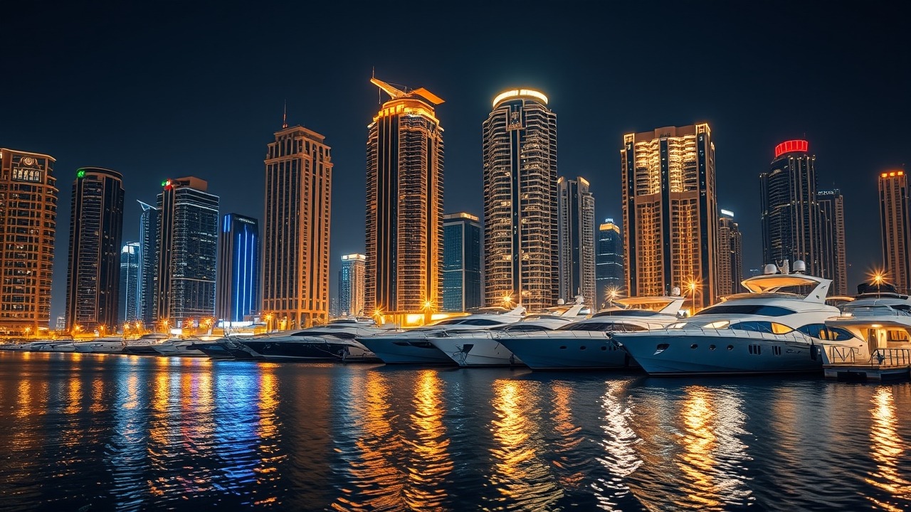 Dubai Marina commercial district at night