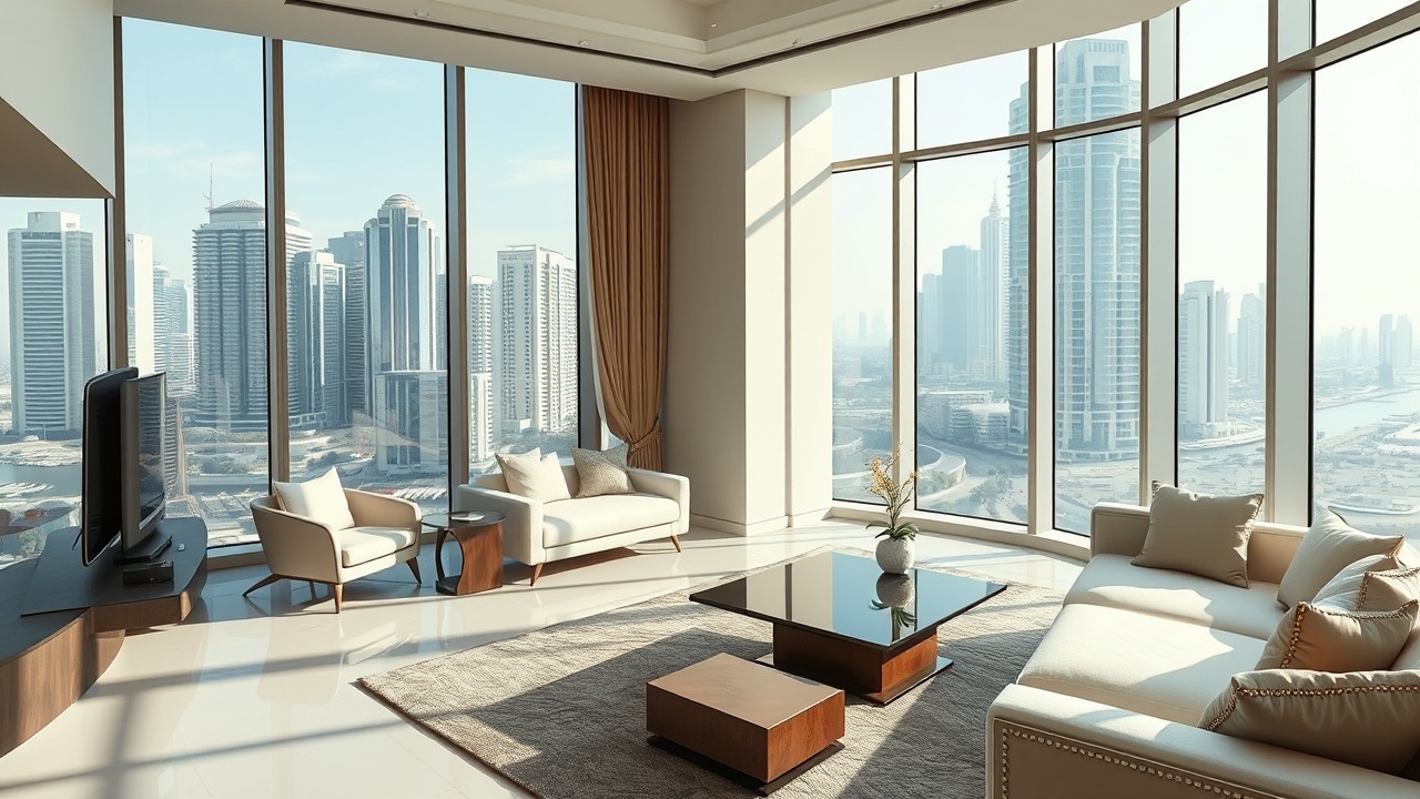 Modern luxury apartment interior in Dubai with city views