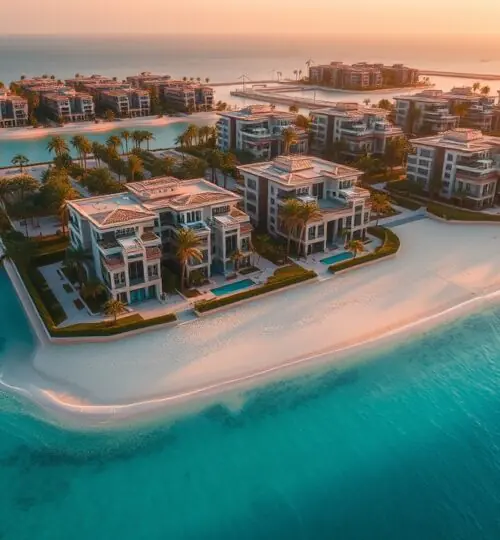 Vista aérea de las villas y playas privadas de Palm Jumeirah al atardecer.