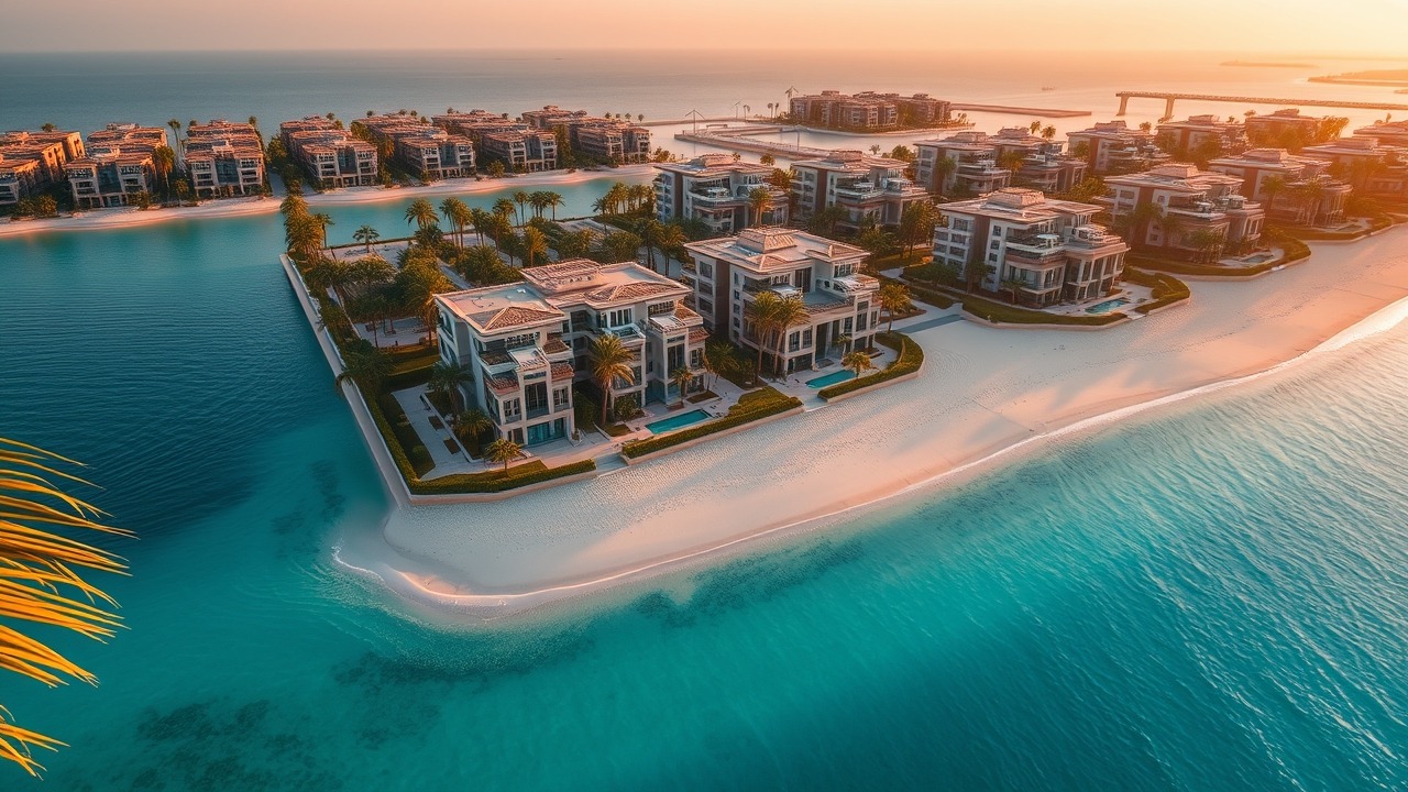 Aerial view of Palm Jumeirah villas and private beaches at sunset