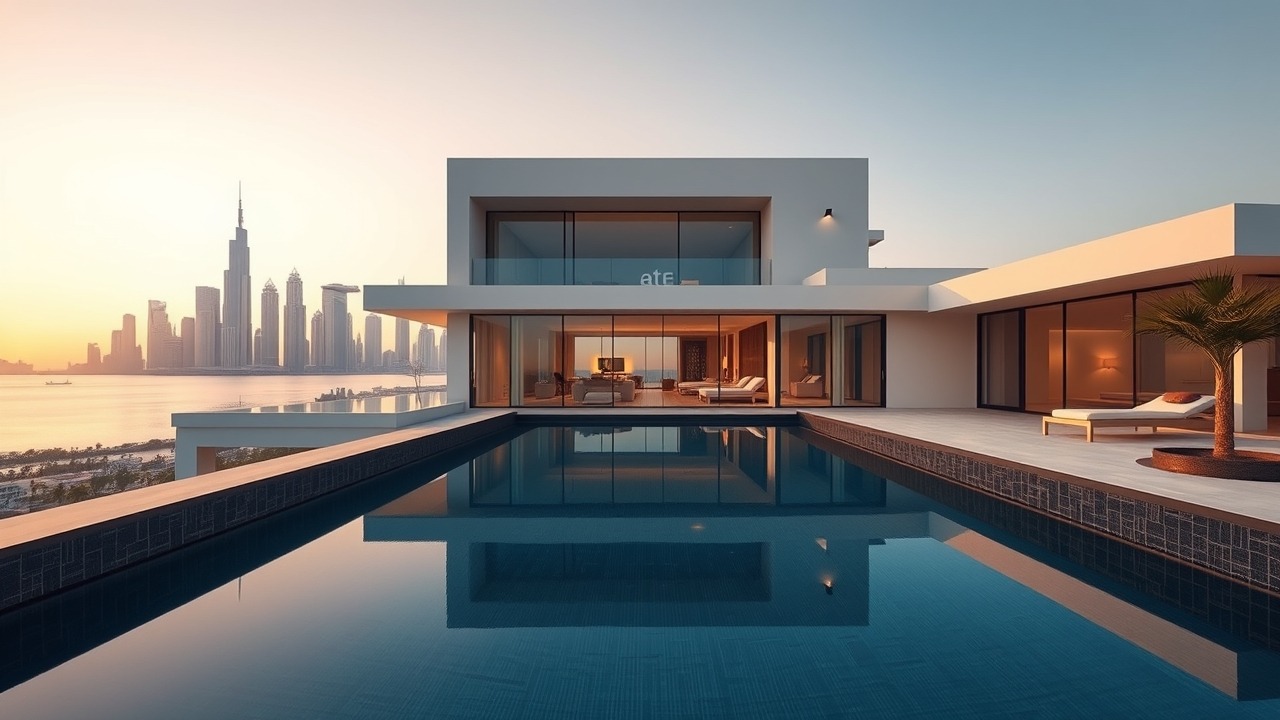 Modern luxury villa exterior with infinity pool on Palm Jumeirah