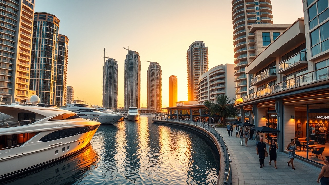 Dubai Marina: Einkaufspromenade mit Geschäften und Yachten