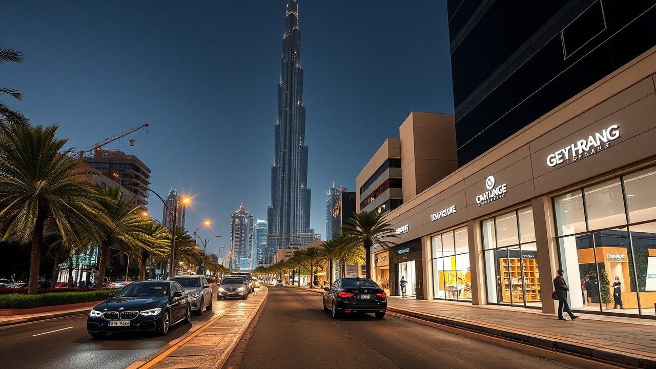 Luxusgeschäfte am Downtown Dubai Boulevard bei Nacht