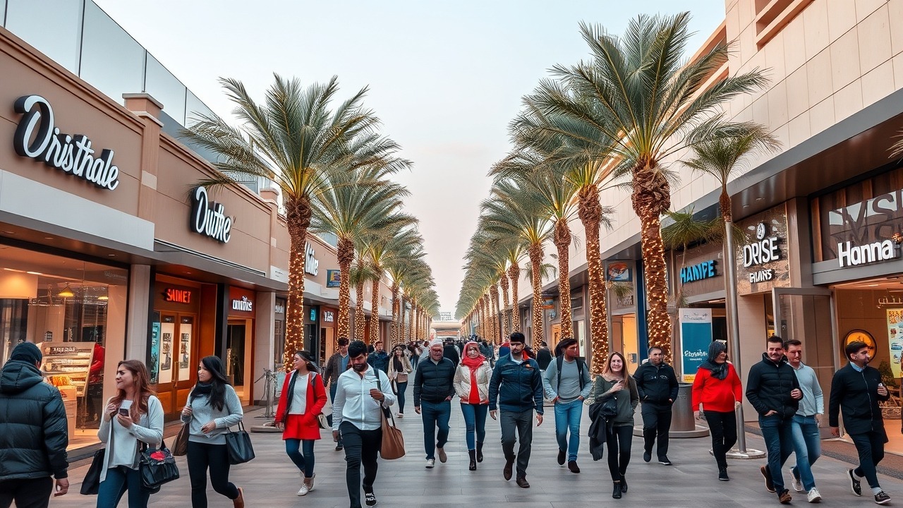 Menschen beim Einkaufen auf einer Einkaufspromenade im Freien in Dubai