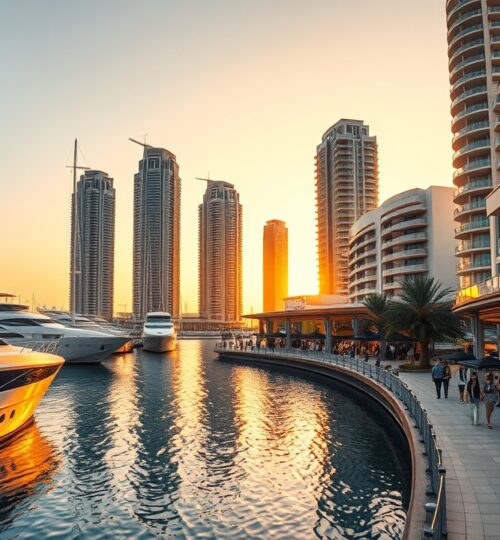 Dubai Marina retail promenade with shops and yachts