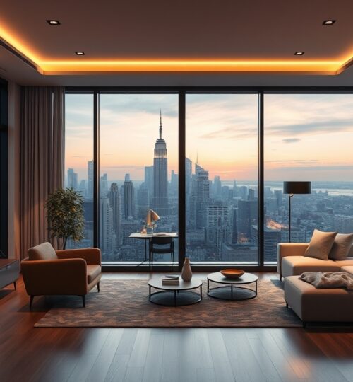 Luxury studio apartment interior with city view
