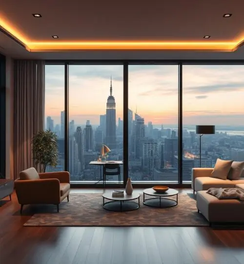 Interior de un lujoso apartamento tipo estudio con vistas a la ciudad