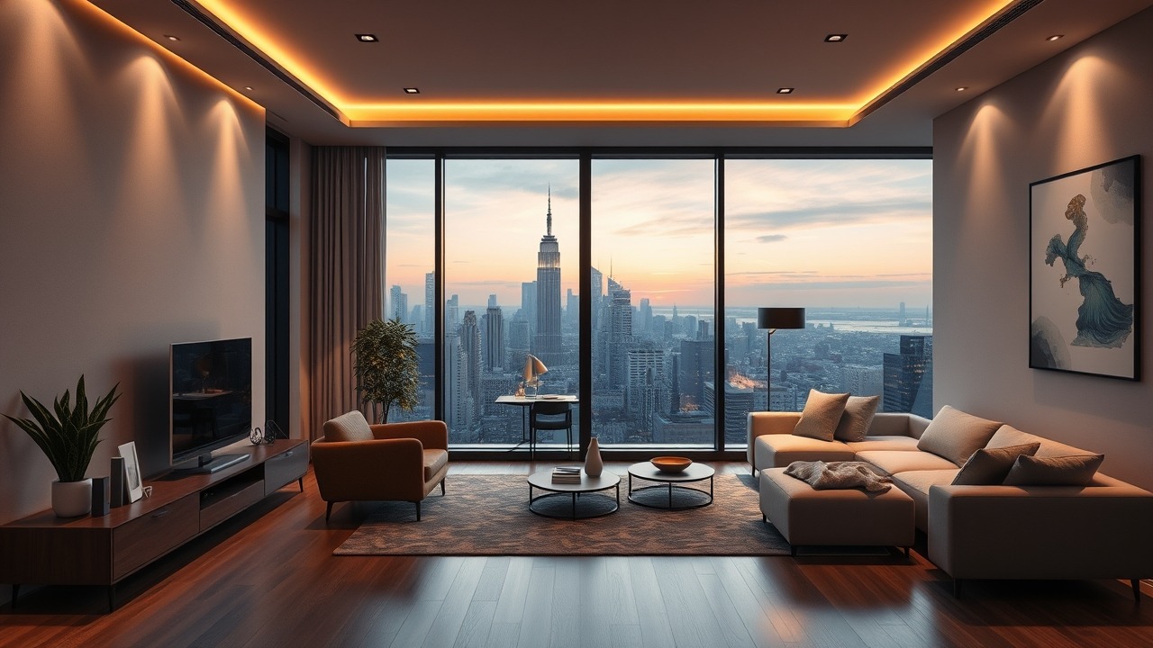 Luxury studio apartment interior with city view