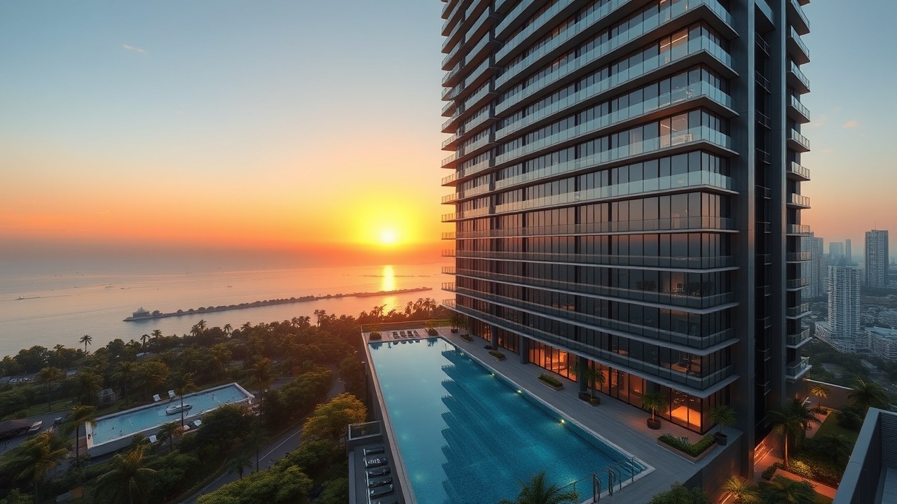 Modern high-rise residential building at sunset