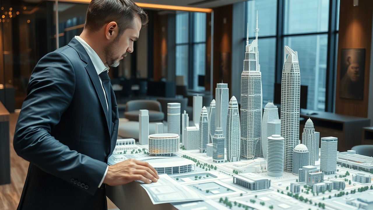 Real estate investor examining city scale model