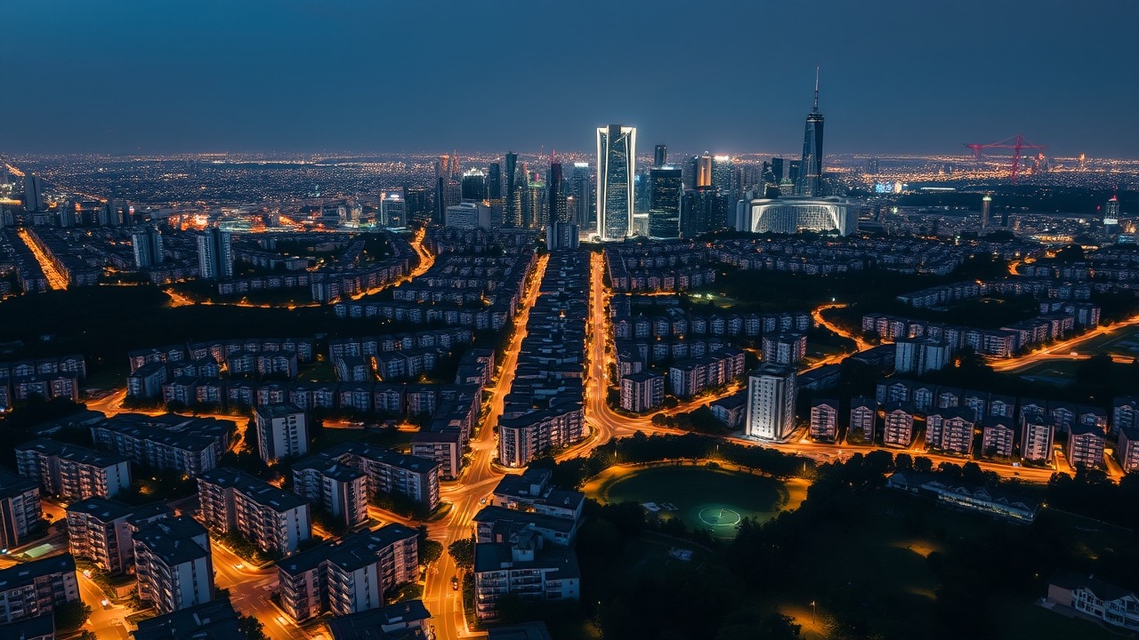Urban skyline at night showing residential areas