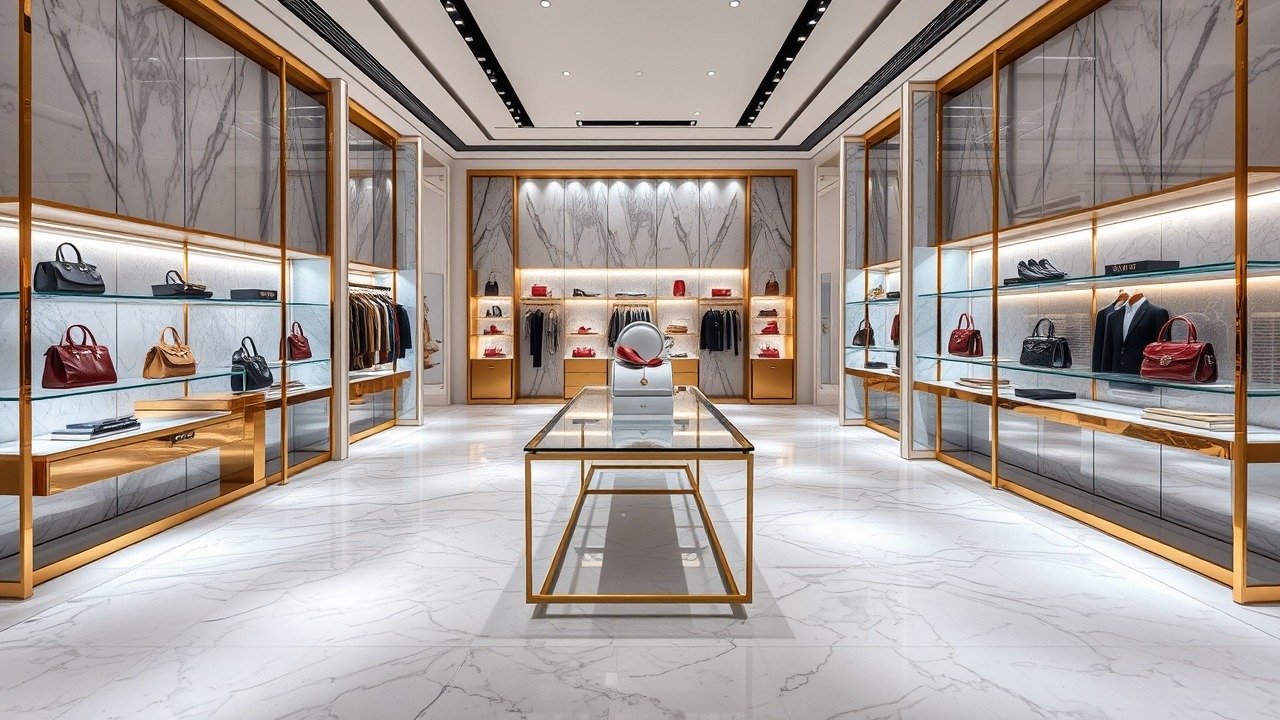 High-end boutique interior design with marble and brass