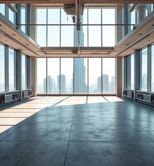 Leeres, modernes Büro in Dubai mit Blick auf den Burj Khalifa