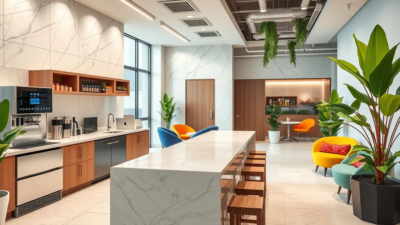 現代化的辦公室茶水間和員工休息區