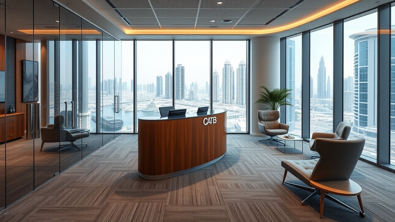 Modern CAT B office with glass partitions and Dubai Marina view