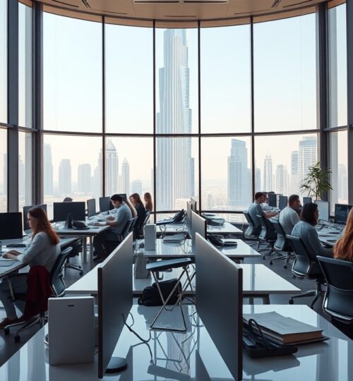 Moderner Coworking-Space in Dubai mit Blick auf den Burj Khalifa