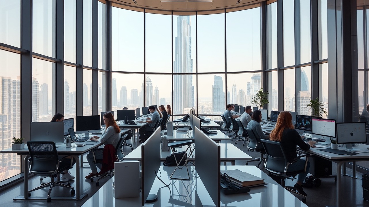 Modern co-working space in Dubai with Burj Khalifa view