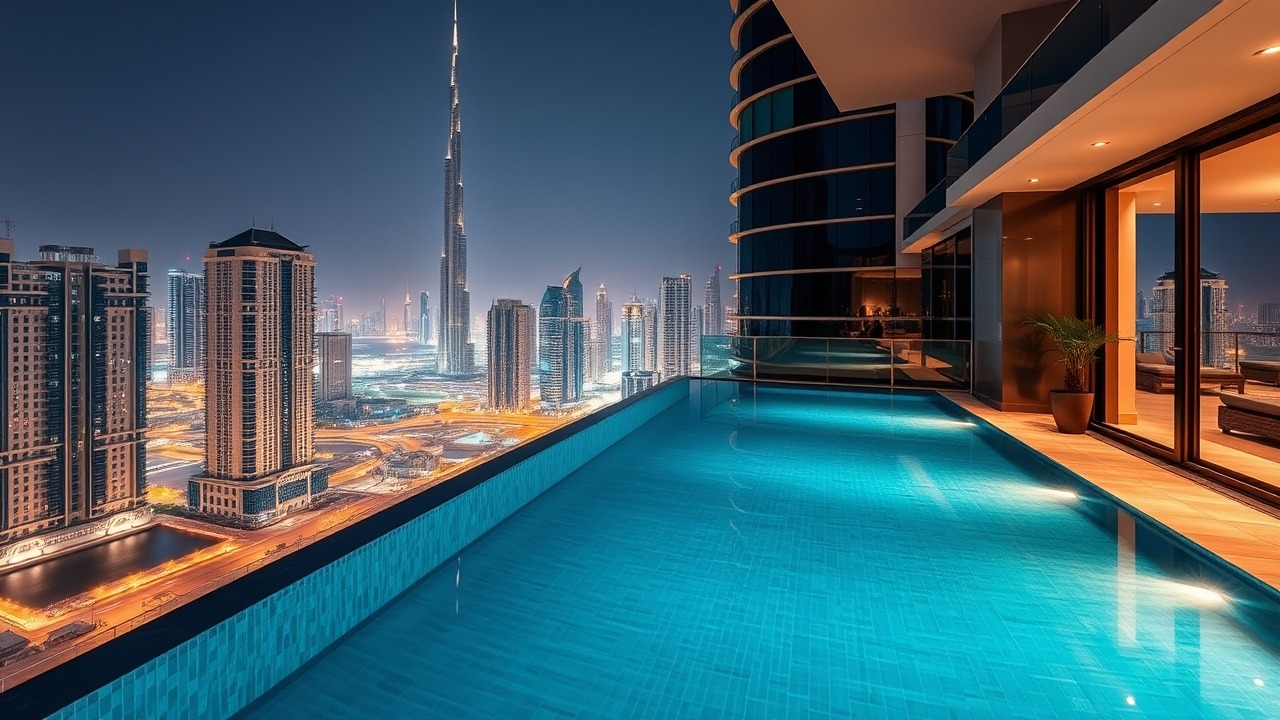 Rooftop infinity pool overlooking Burj Khalifa in Business Bay