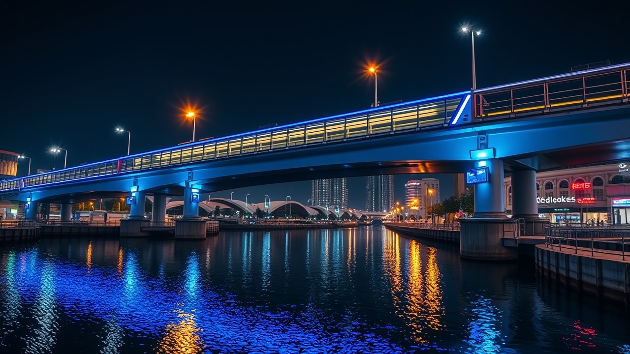 Blue Line Metro bridge and Dubai Water Canal at night